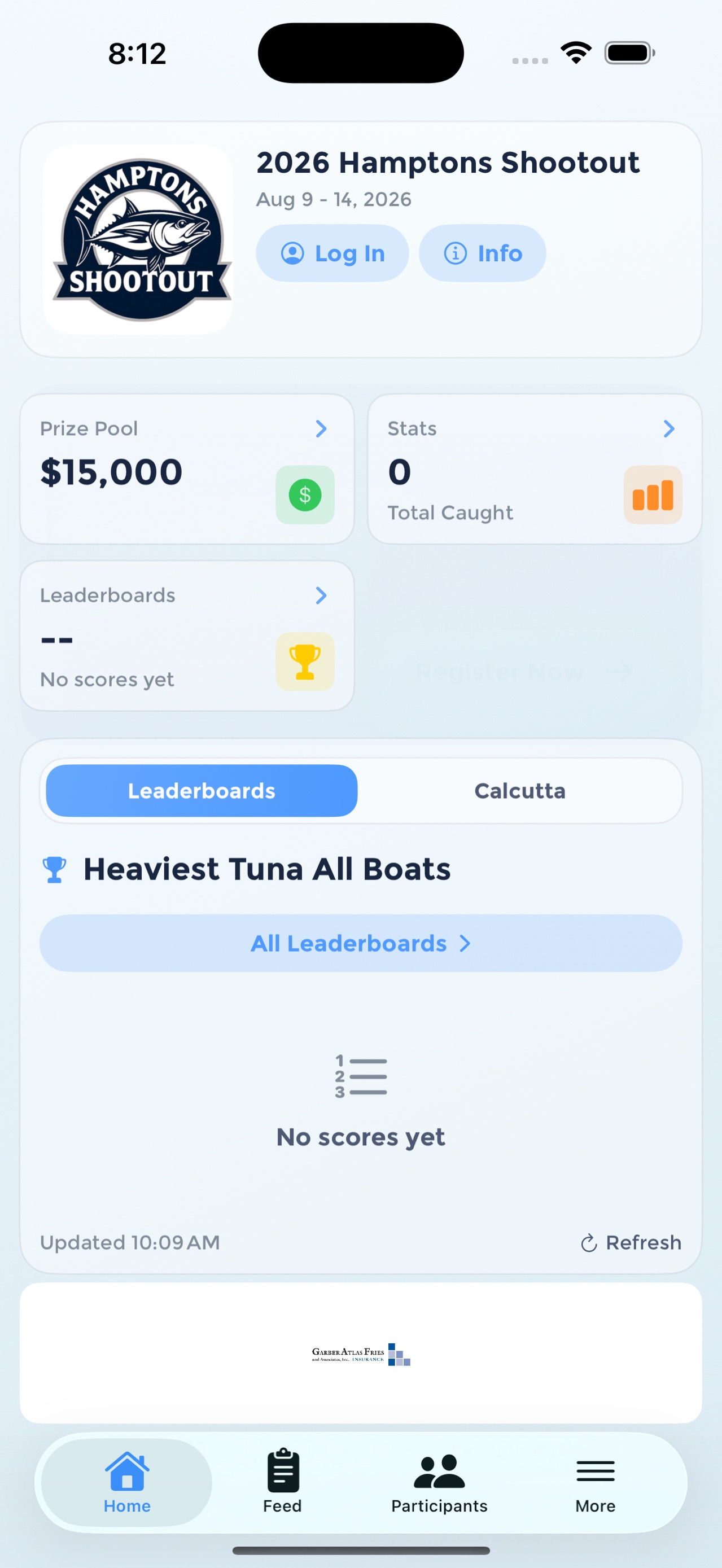 Hamptons Shootout app home screen with tournament stats and leaderboards