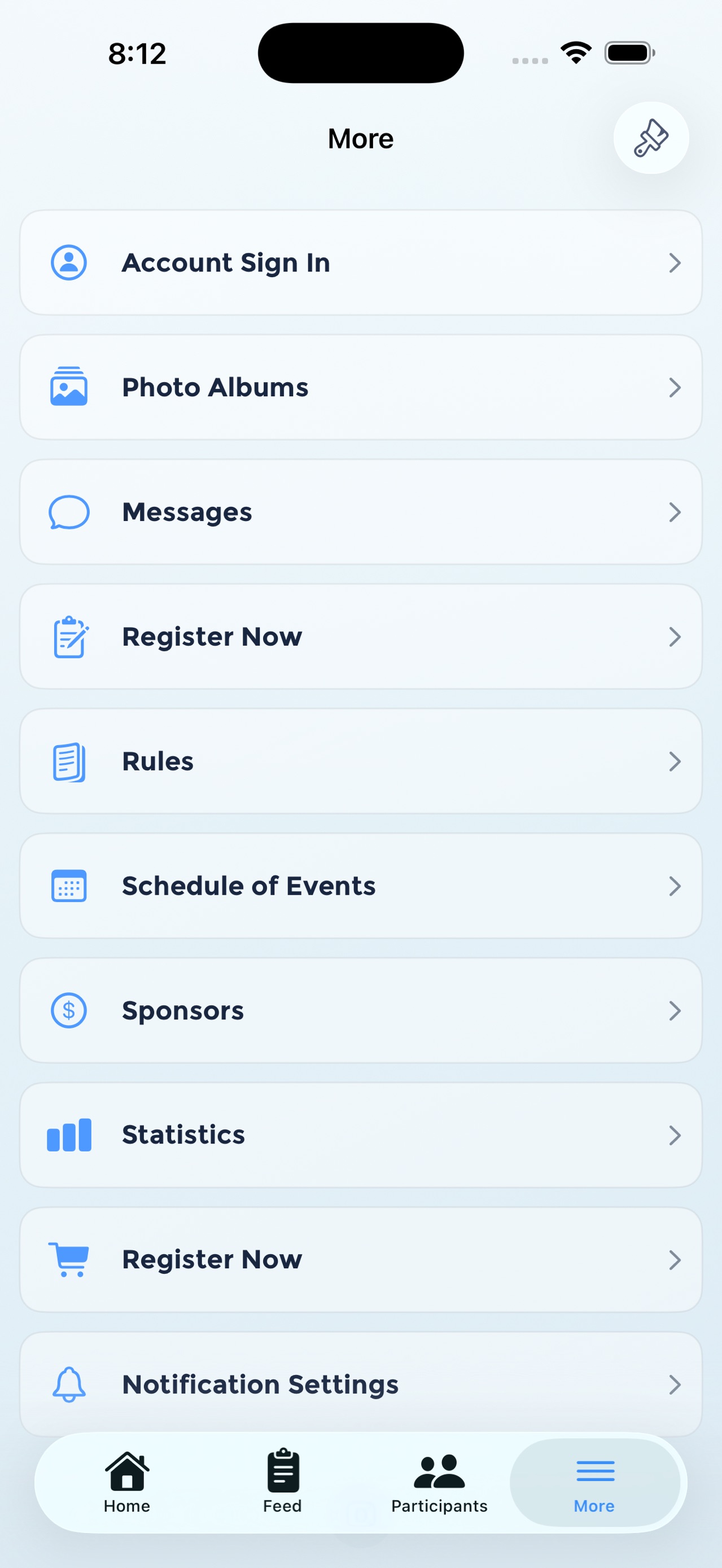 Hamptons Shootout app menu with albums, messages, rules and statistics