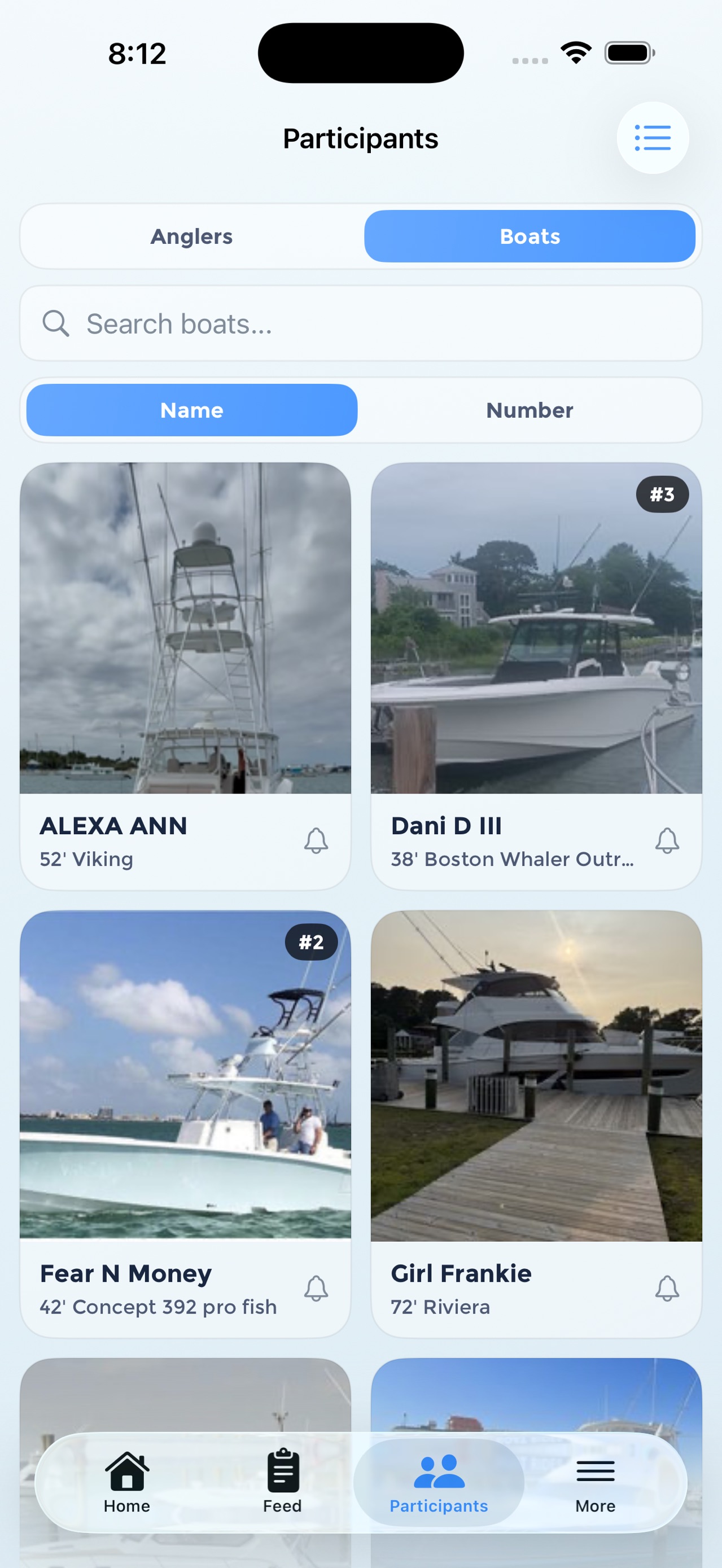 Hamptons Shootout app participants screen showing registered boats